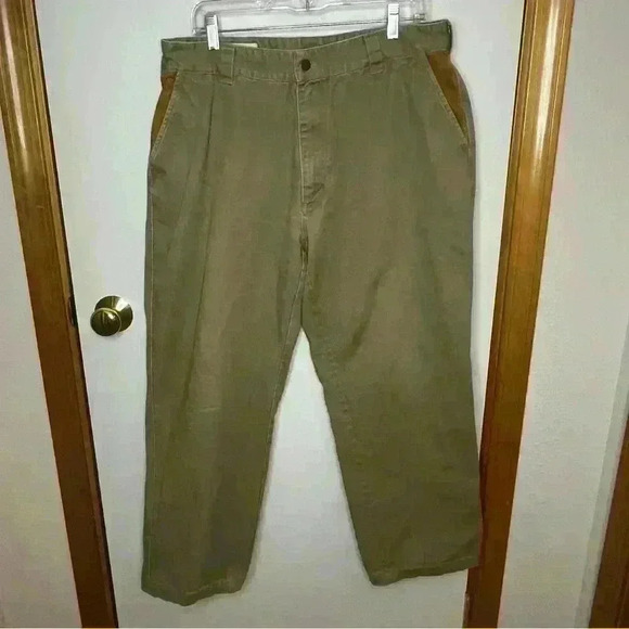 Orvis Khaki Leather Accent Jeans Men 36x28 Tan Outdoor Straight Leg Casual - Picture 1 of 7